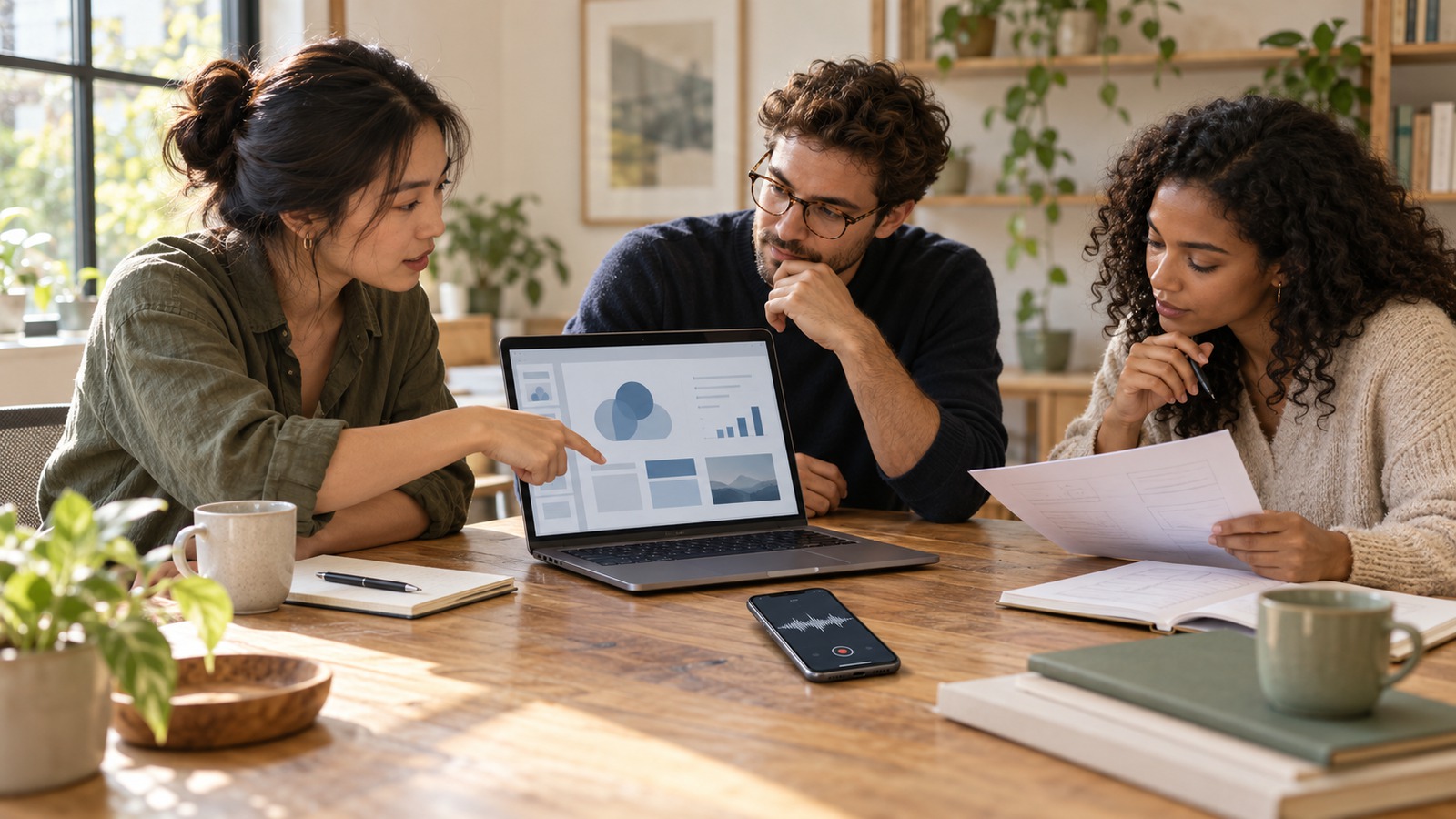 Colleagues reviewing presentation slides after recording an in-person discussion on a smartphone