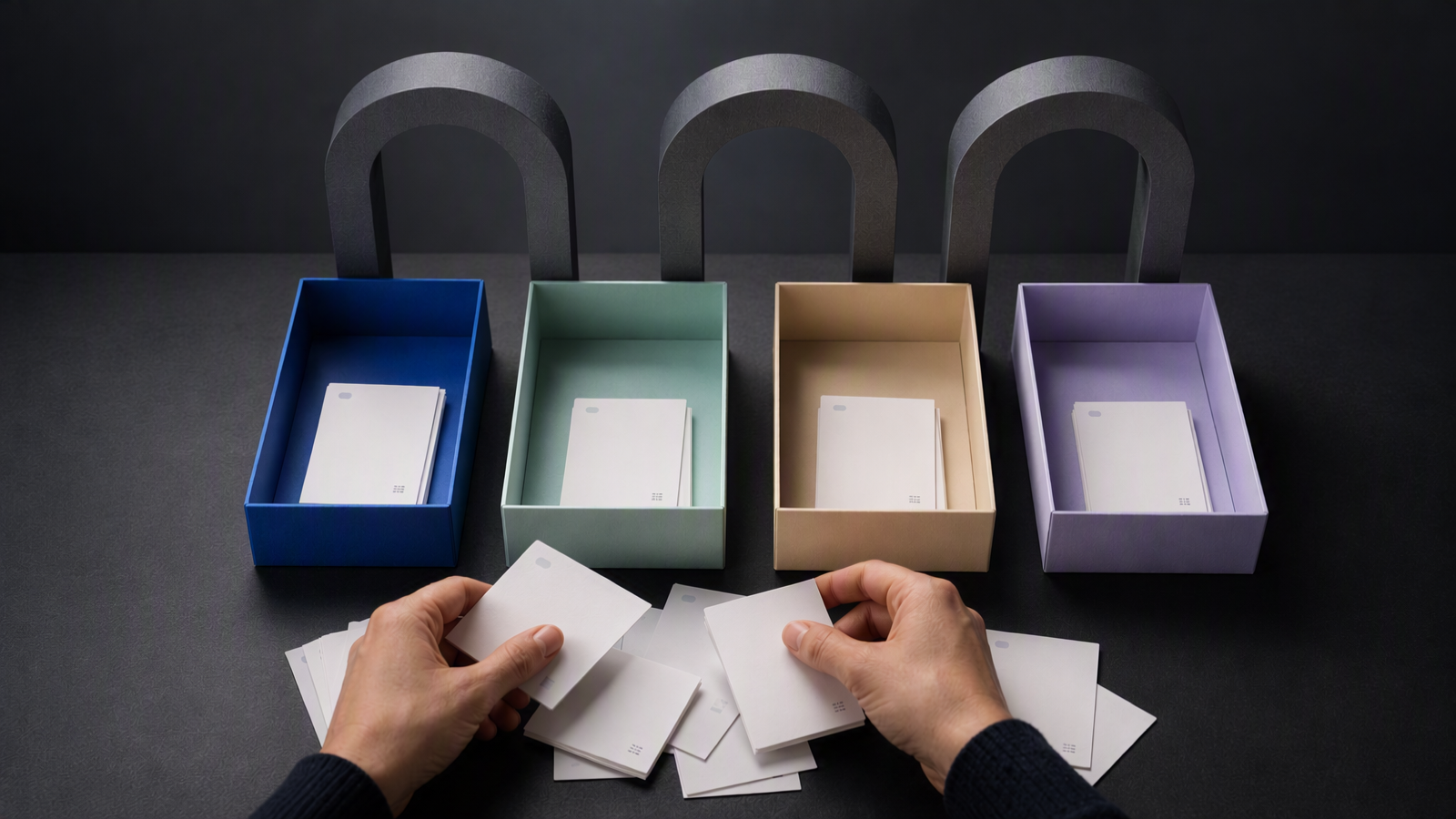 Editorial illustration of hands sorting loose meeting notes into four color-coded trays, with three gate columns behind
