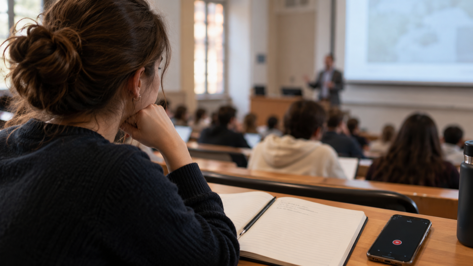 A student reviewing lecture notes and a recorded class on a laptop