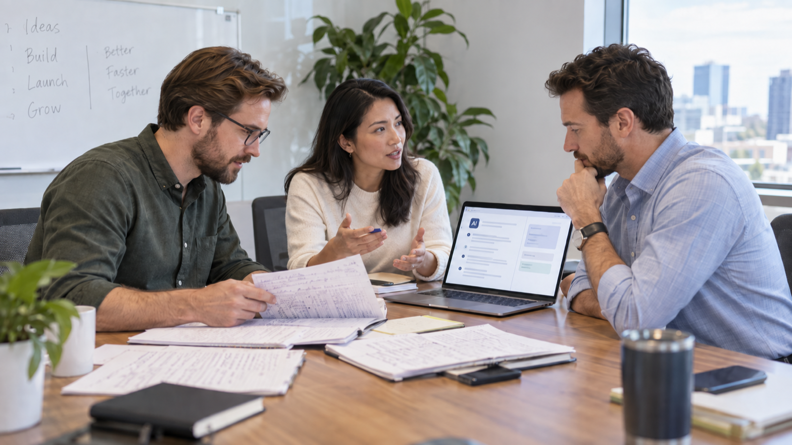 Coworkers reviewing AI-generated meeting notes and comparing them with the original discussion