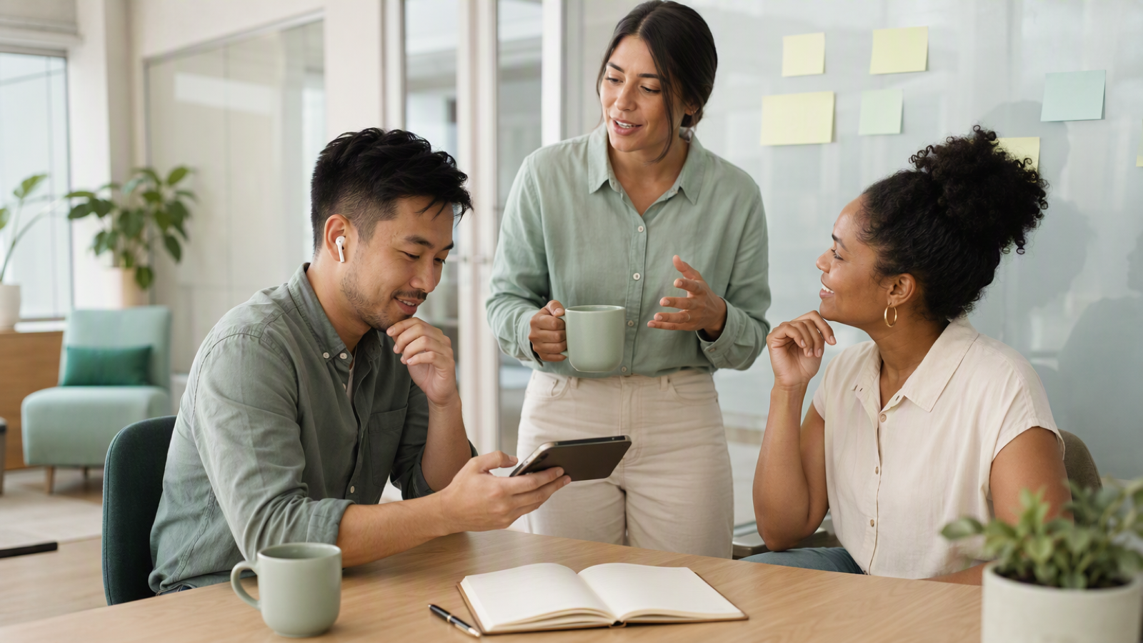 Editorial scene of colleagues reviewing a recorded meeting in a relaxed office corner