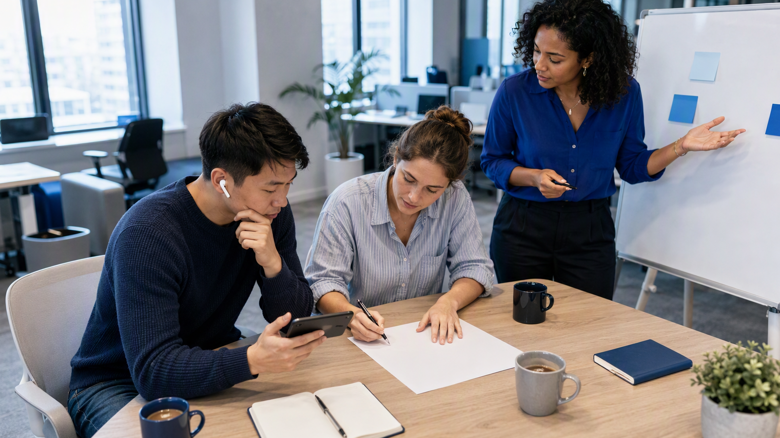Editorial scene of colleagues turning a meeting recording into checkable notes at a desk