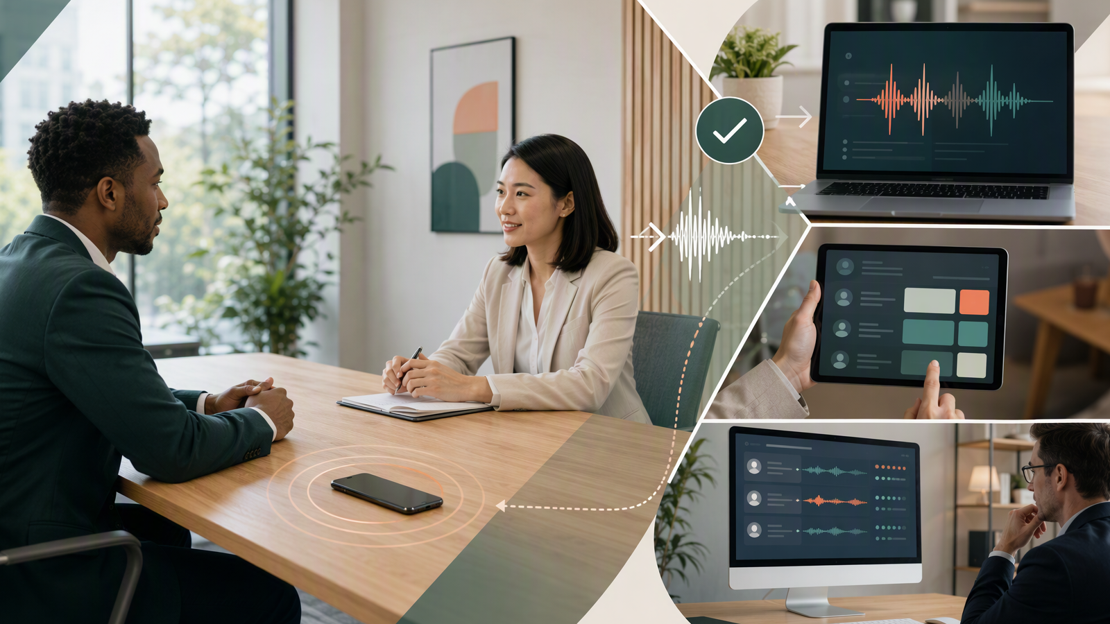 Editorial scene of interviewers reviewing recording-based evaluation notes