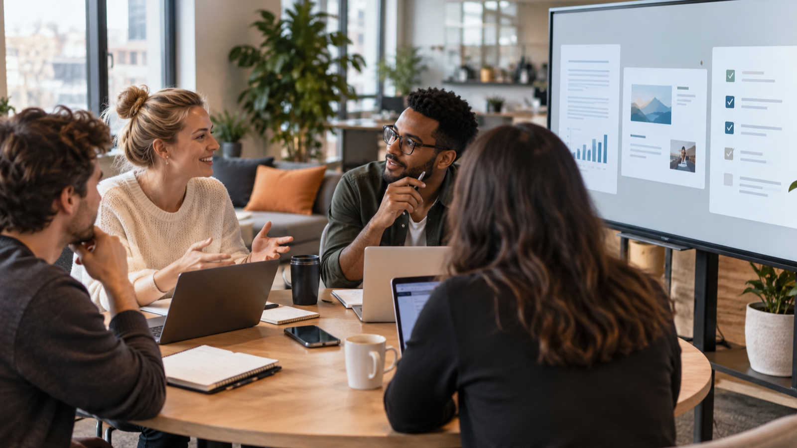 A meeting conversation being turned into a report, presentation slides, and an action list