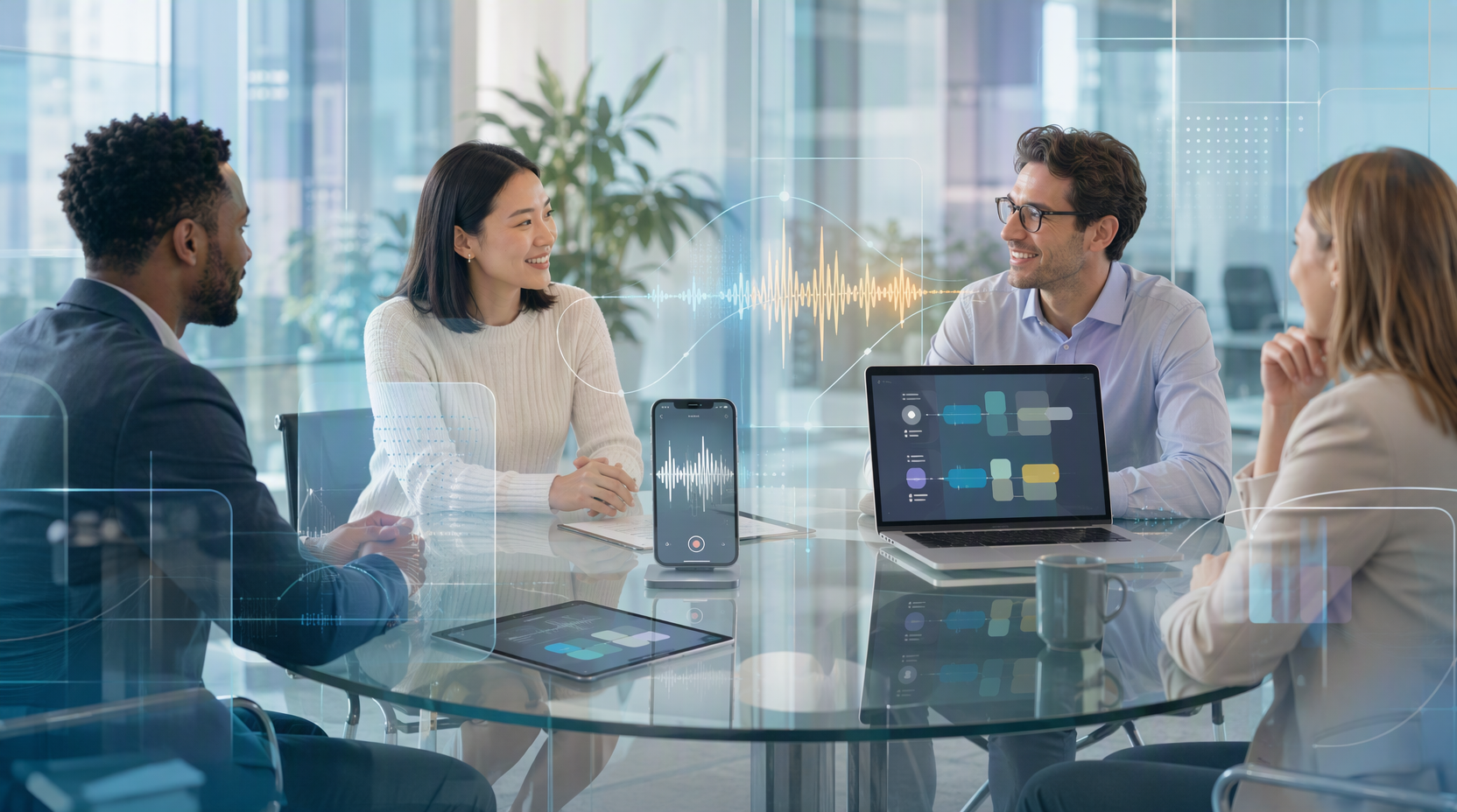 Editorial scene of a small team around a meeting table with a recording device at the center