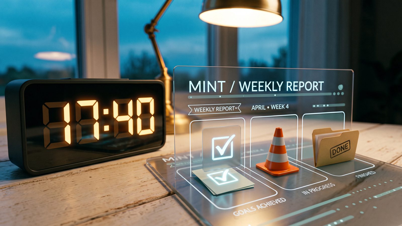 Editorial evening desk scene with a clock near 5:40 and three mint-colored parking-slot cards holding a check card, a cone, and a folder
