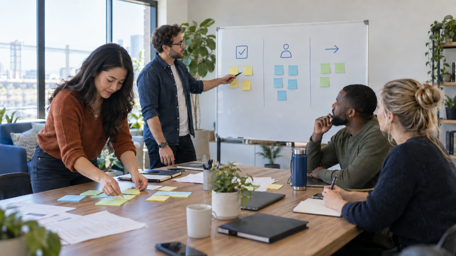 A team organizing a meeting discussion into a decision, an owner, and a next step